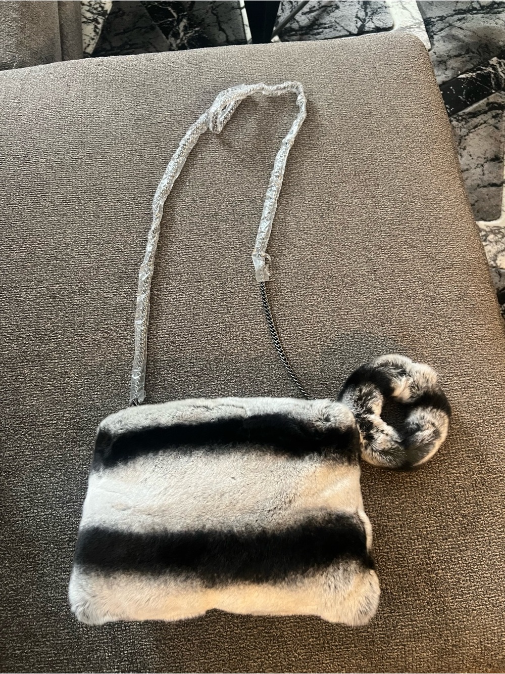 Faux Fur Striped Crossbody Bag with Pom-Pom Accent - Black & White